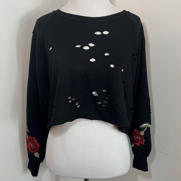 Know One Cares Sweaters - Know One Cares Cropped Sweater S Whimsigoth Embroidered Red Roses Distressed